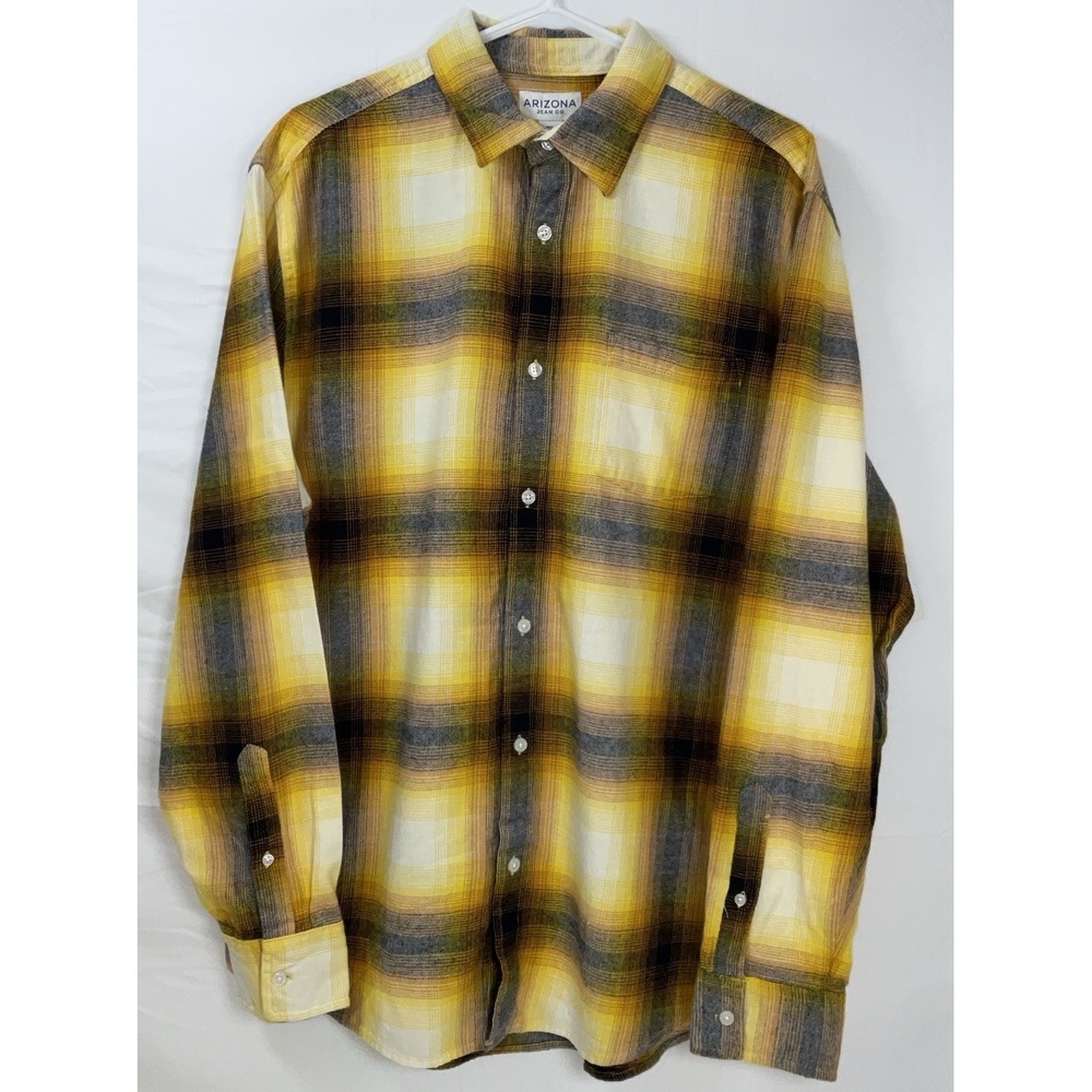 NWT Men's Arizona Jean Co. Long Sleeve Yellow Plaid Flannel Shirt Medium Tall